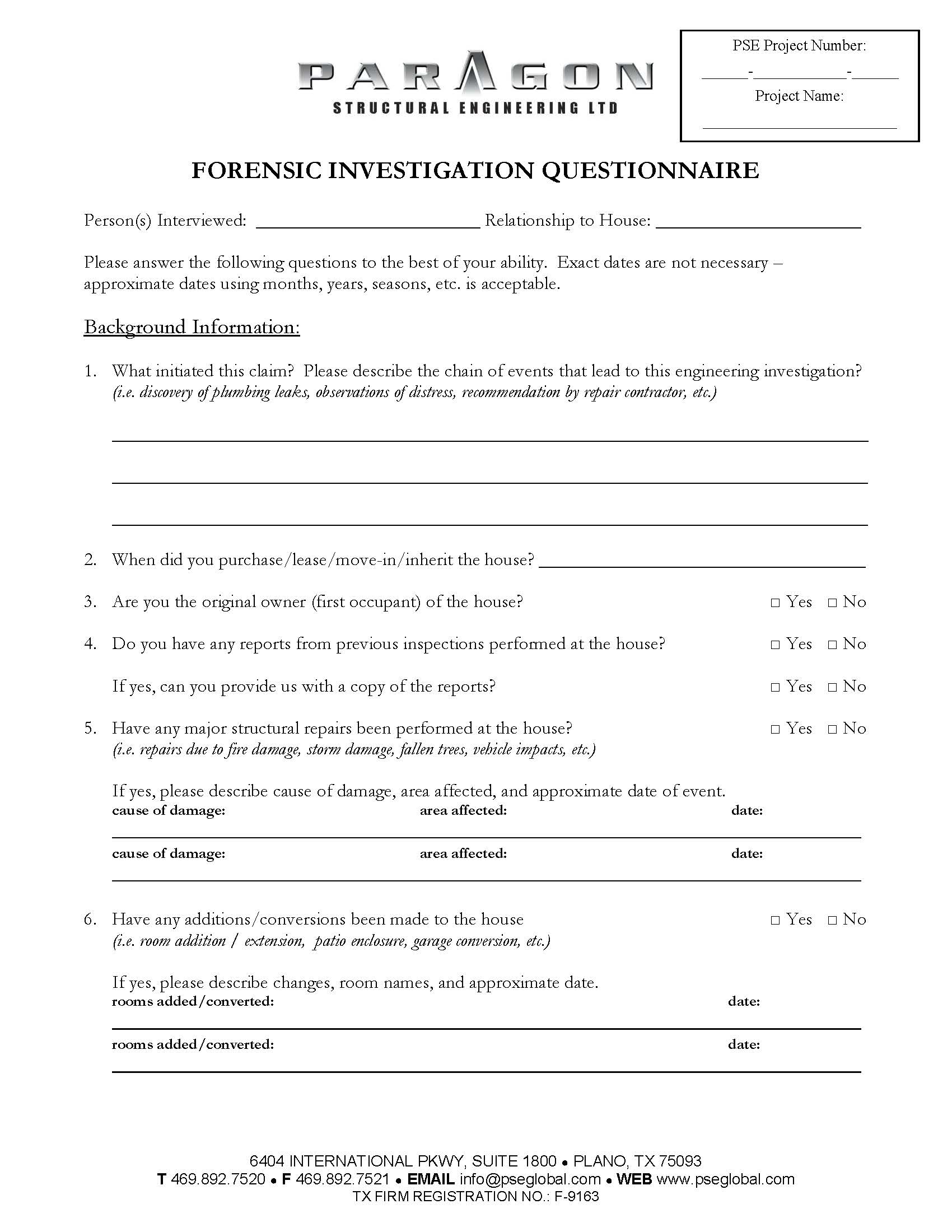 forensic investigation homeowner questionaire